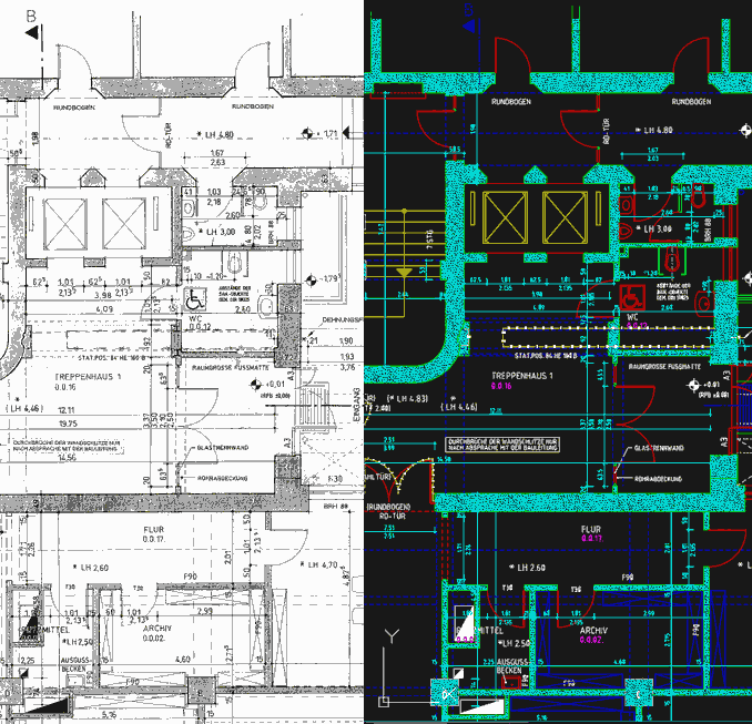 Beispiel: Scan als Ausgangsformat – rechts der vektorisierte Grundriss im CAD
